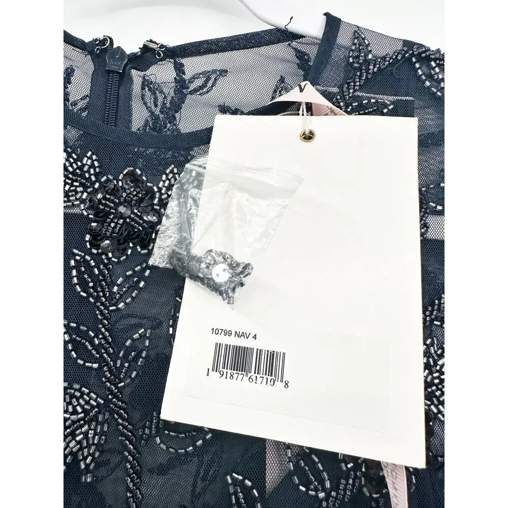 Mac Duggal 10799 Beaded Illusion A-Line‎ Dress Women Size 4 Navy Blue NEW